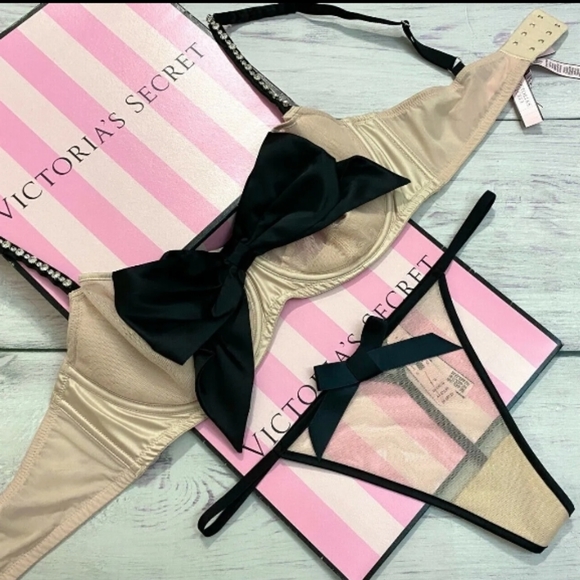 V.S.-2pc Shine Strap Unlined Sheer-Mesh Bow Balconette Bra & Bow Thong Set-36D-L - Picture 4 of 10